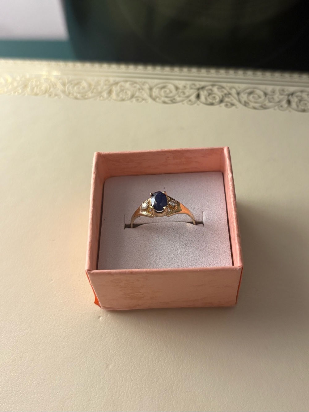 10k Gold Ring with Deep Blue Sapphire and Moissanite Accents